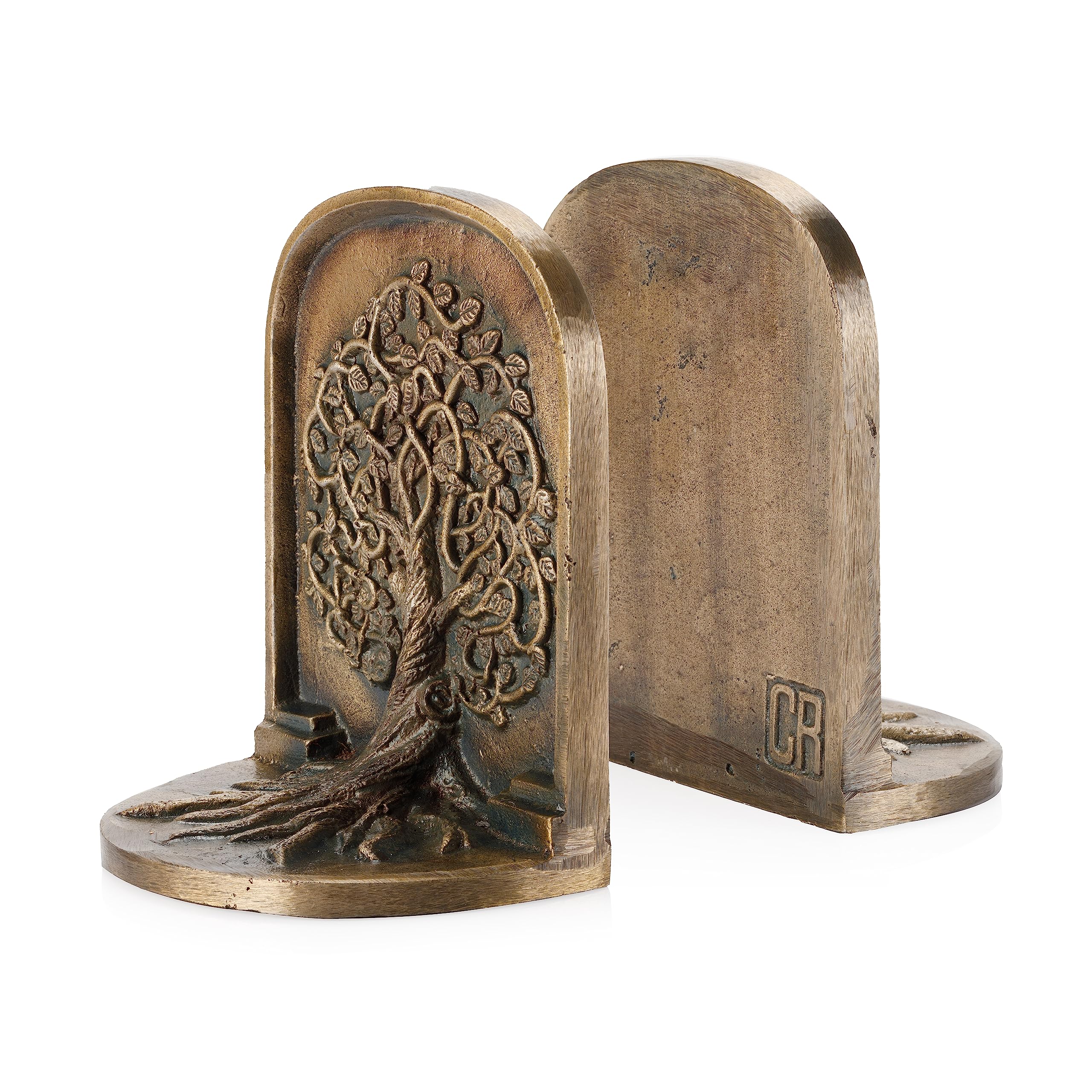 CRAFTSMAN ROAD front view of bookends showing antique brass finish and balanced support