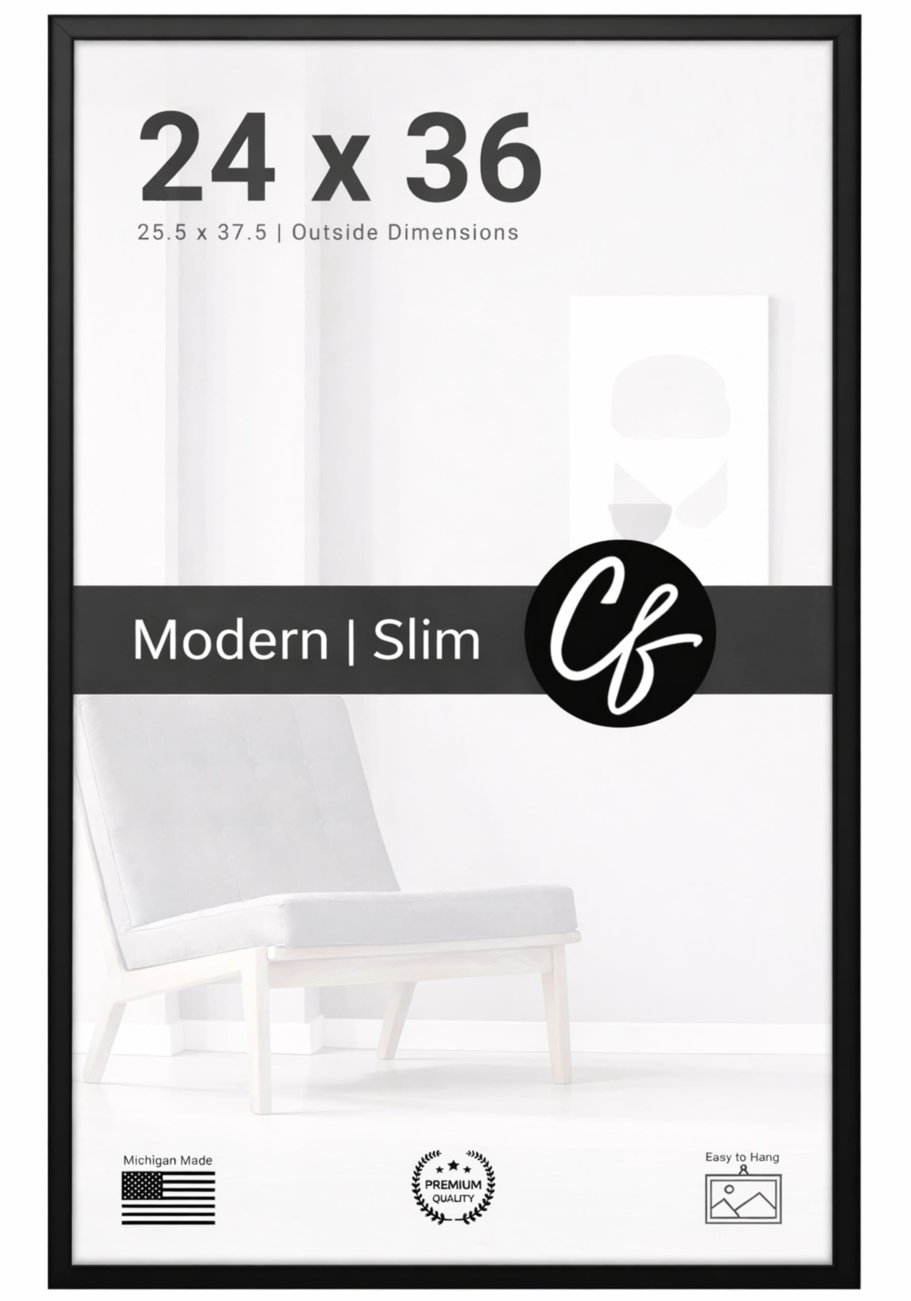 Craig Frames front view of 24x36 black poster frame showing clean edges and art focus