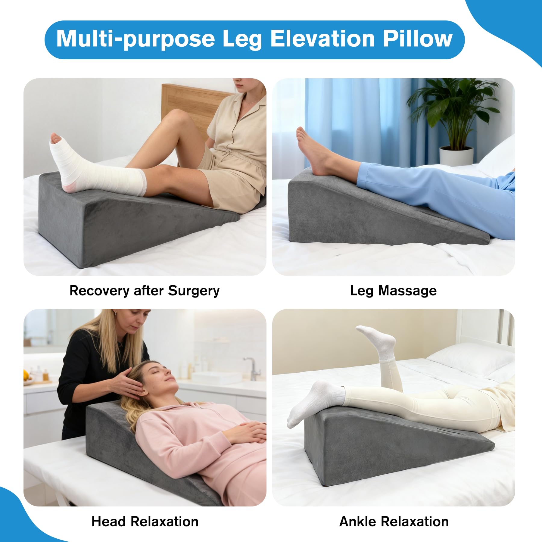 CRAURU pillow placed under calf in use to promote comfortable leg rest