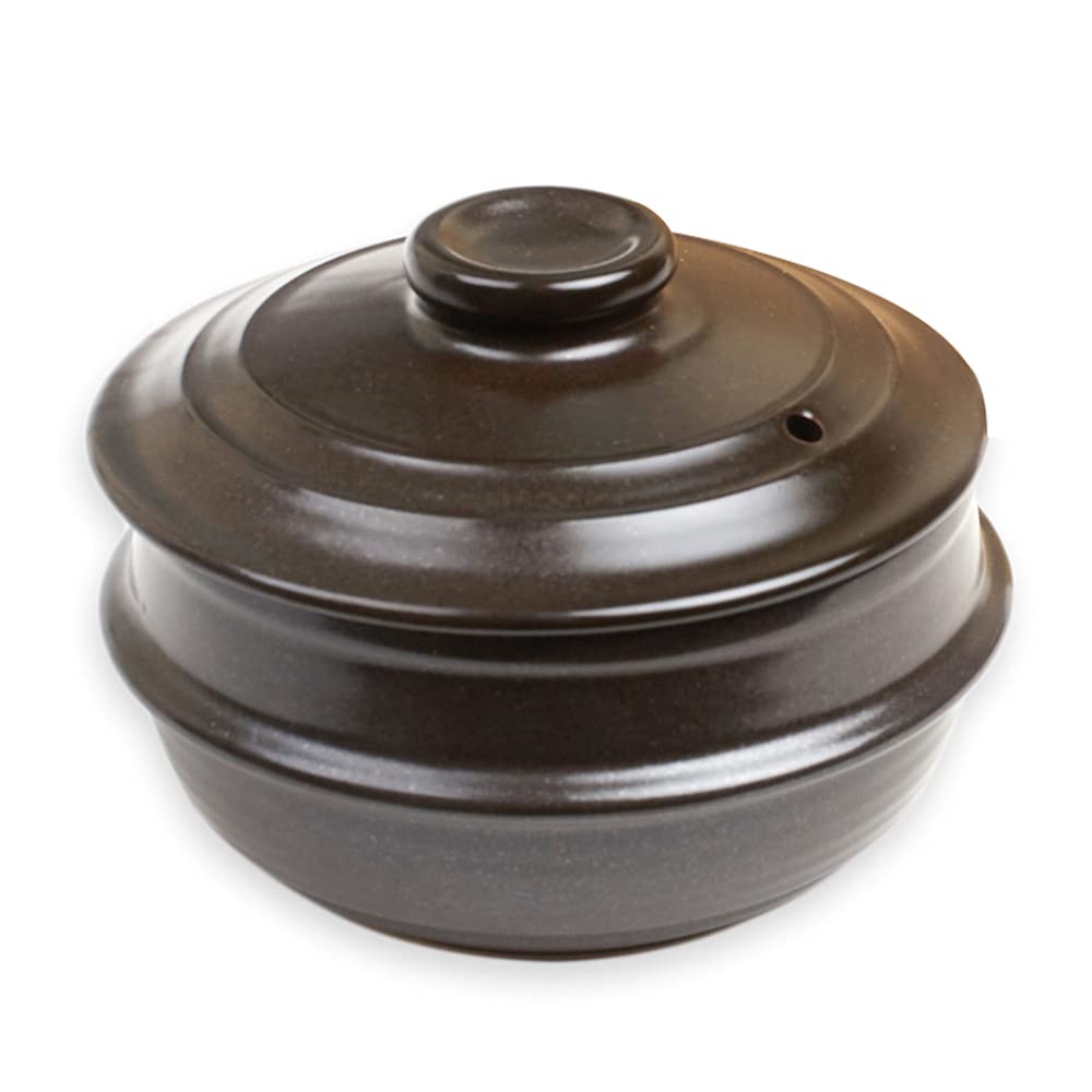Crazy Korean Cooking front view of stone bowl showing shape and lid for sizzling serving