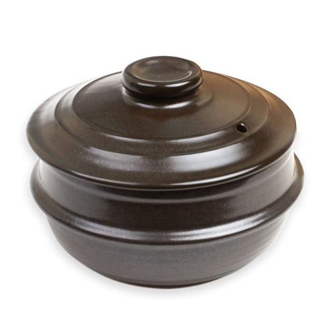 Crazy Korean Cooking front view of stone bowl showing shape and lid for sizzling serving