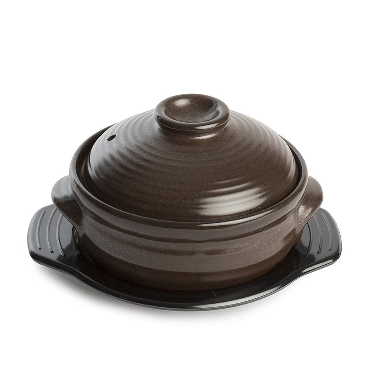 Crazy Korean Cooking front view of ceramic dolsot bowl showing shape and lid, highlights durable design