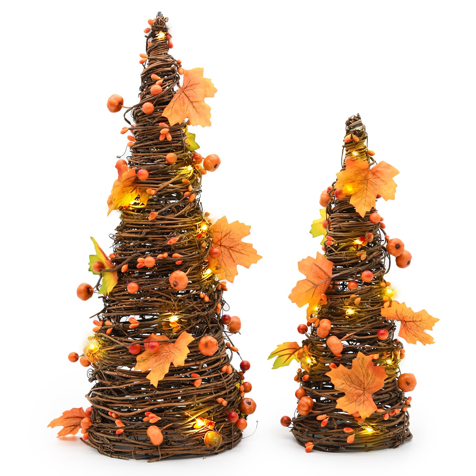 CRCZK front view of two lighted pumpkin tabletop trees showing rustic charm and glow