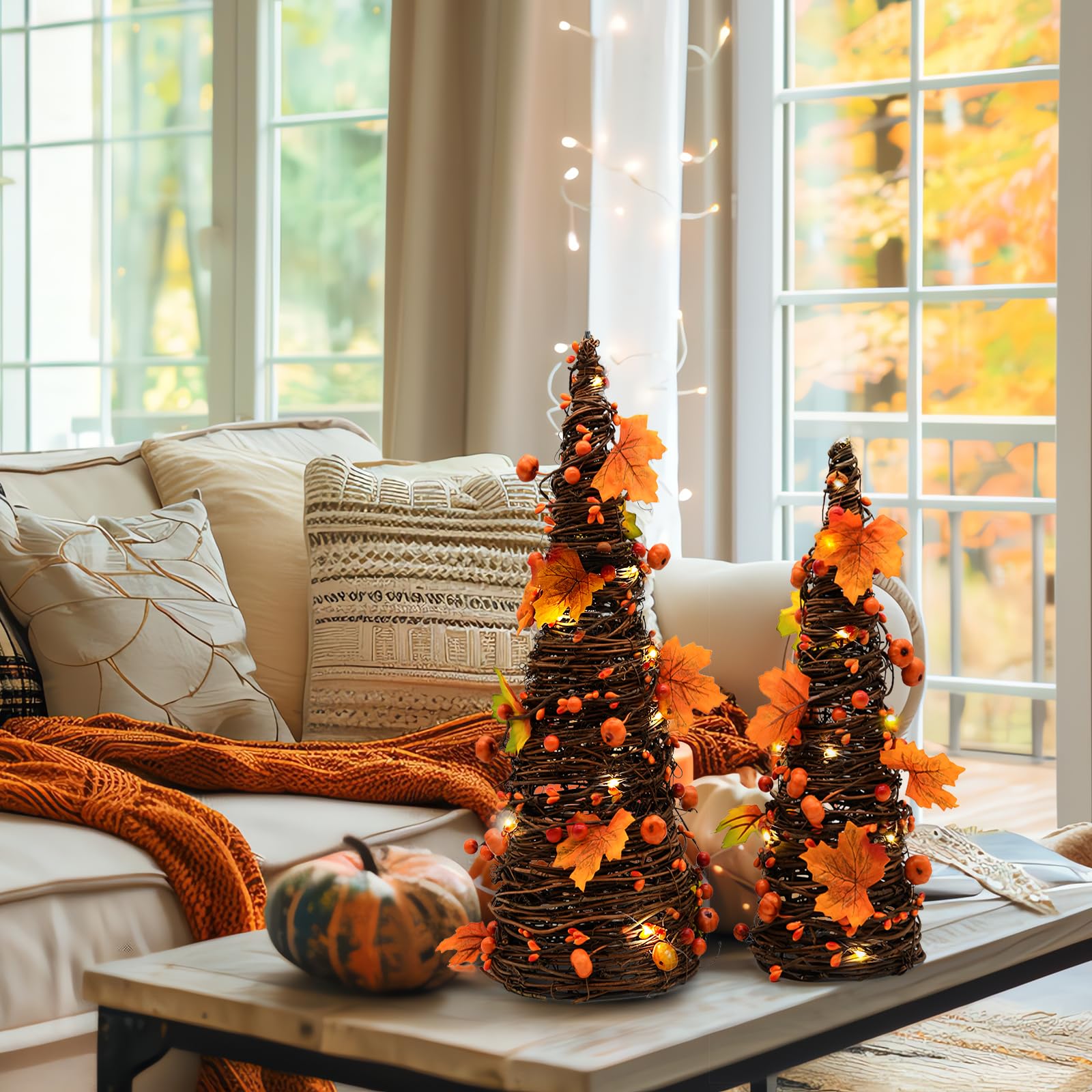 CRCZK warm LED lights illuminated on tree adding cozy harvest ambiance indoors