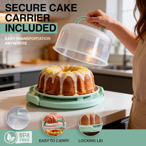 CREACAKE lifestyle tabletop display showing cake presentation and portability