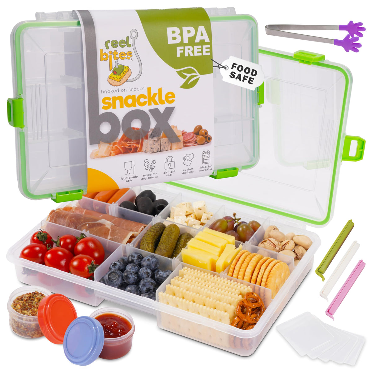 Create-ables front view of Reel Bites snackle box highlighting portability and organization