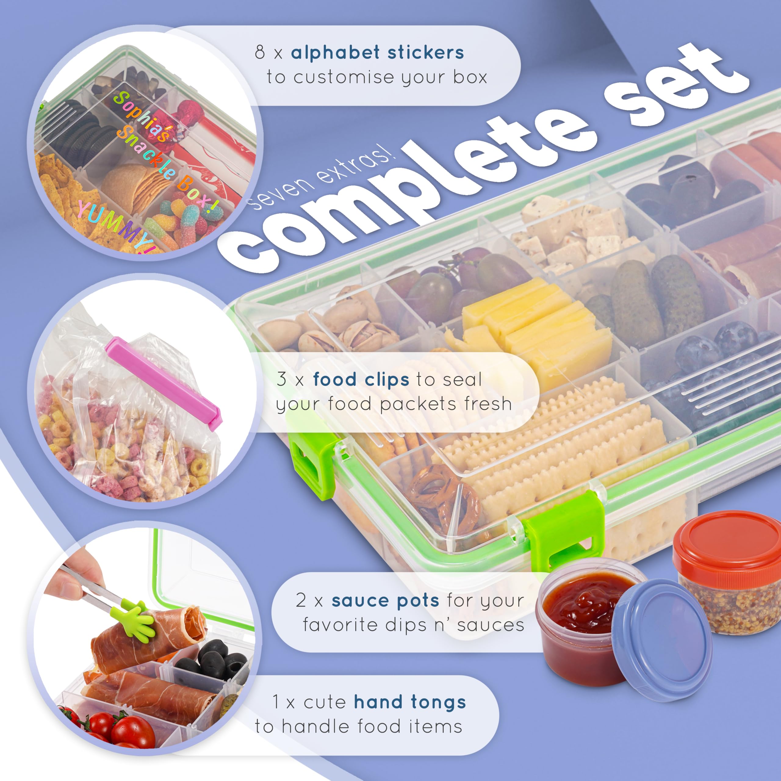 Create-ables included sauce pots and mini tongs displayed for hygienic serving