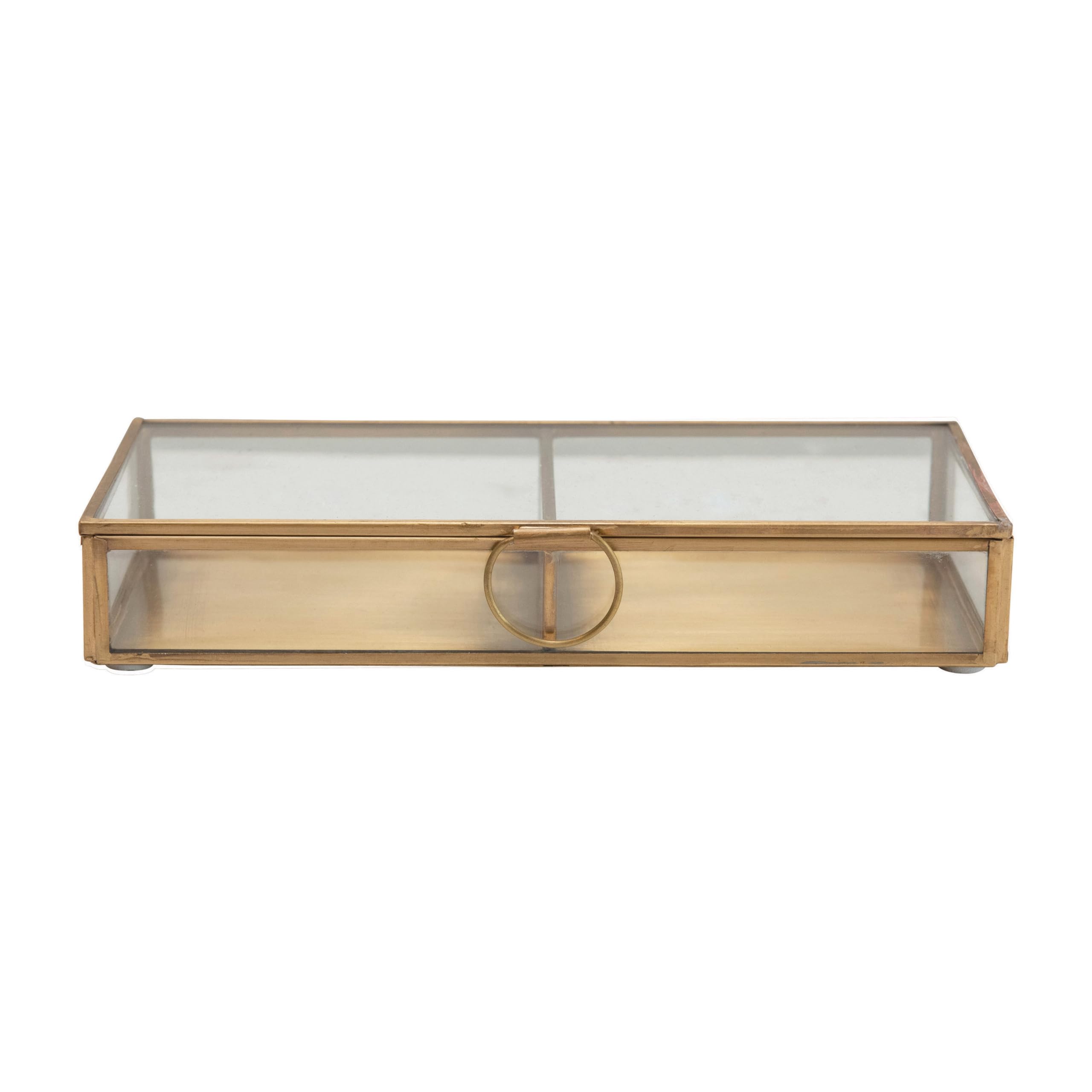 Creative Co-Op brass and glass display box front view showing clear contents and polished finish
