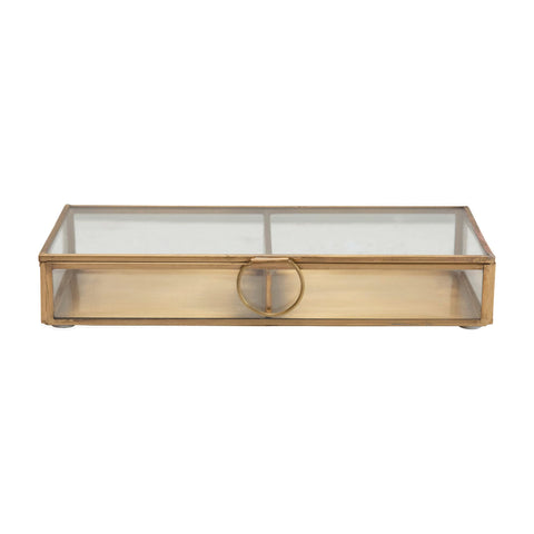 Creative Co-Op brass and glass display box front view showing clear contents and polished finish