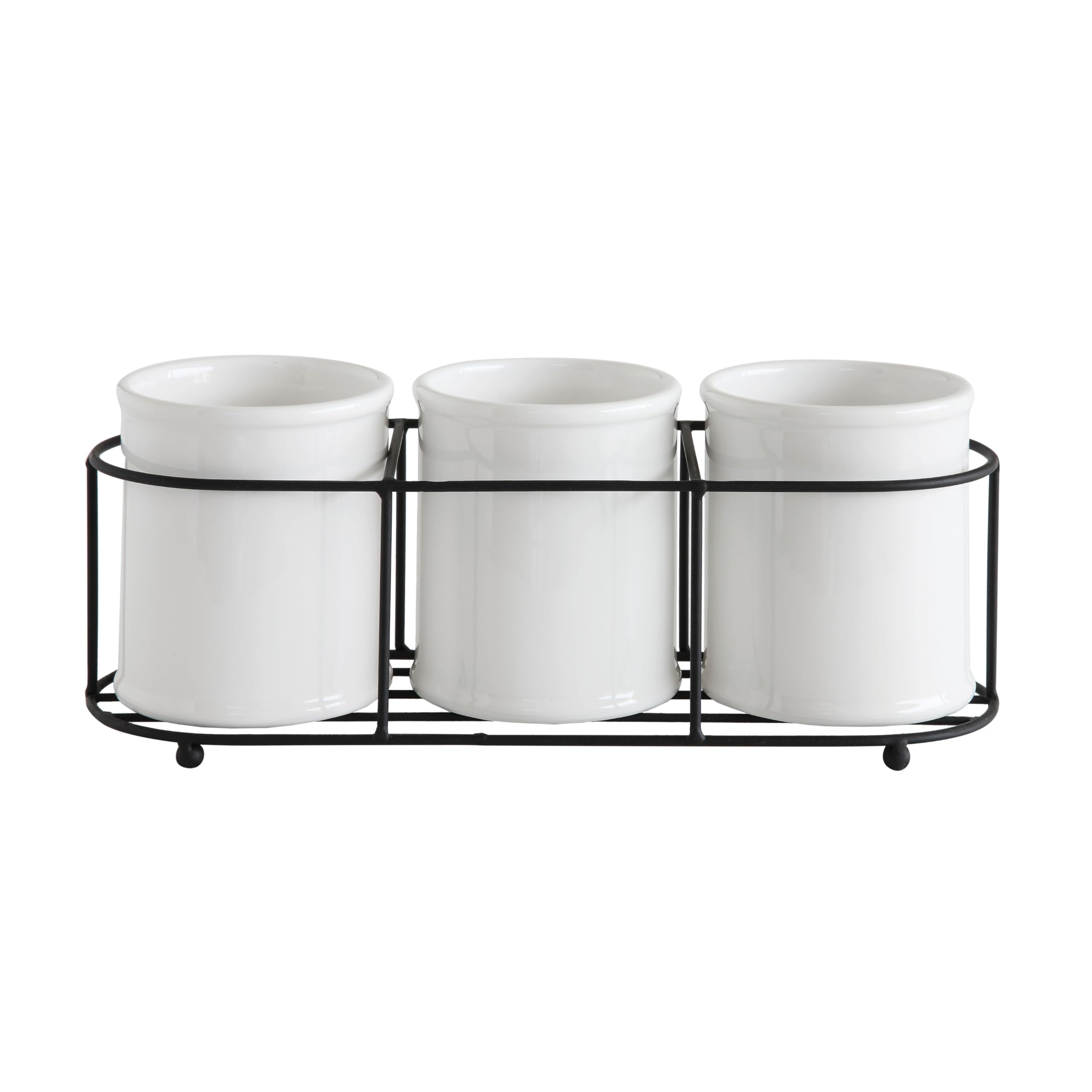 Creative Co-Op crocks with black metal holder side profile highlighting stable support