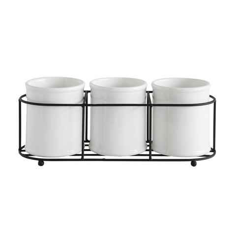 Creative Co-Op crocks with black metal holder side profile highlighting stable support