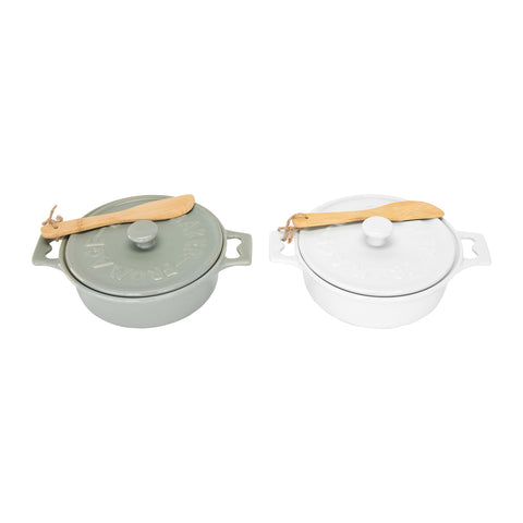 Creative Co-Op front view of lidded brie bakers showing farmhouse colors and serving readiness