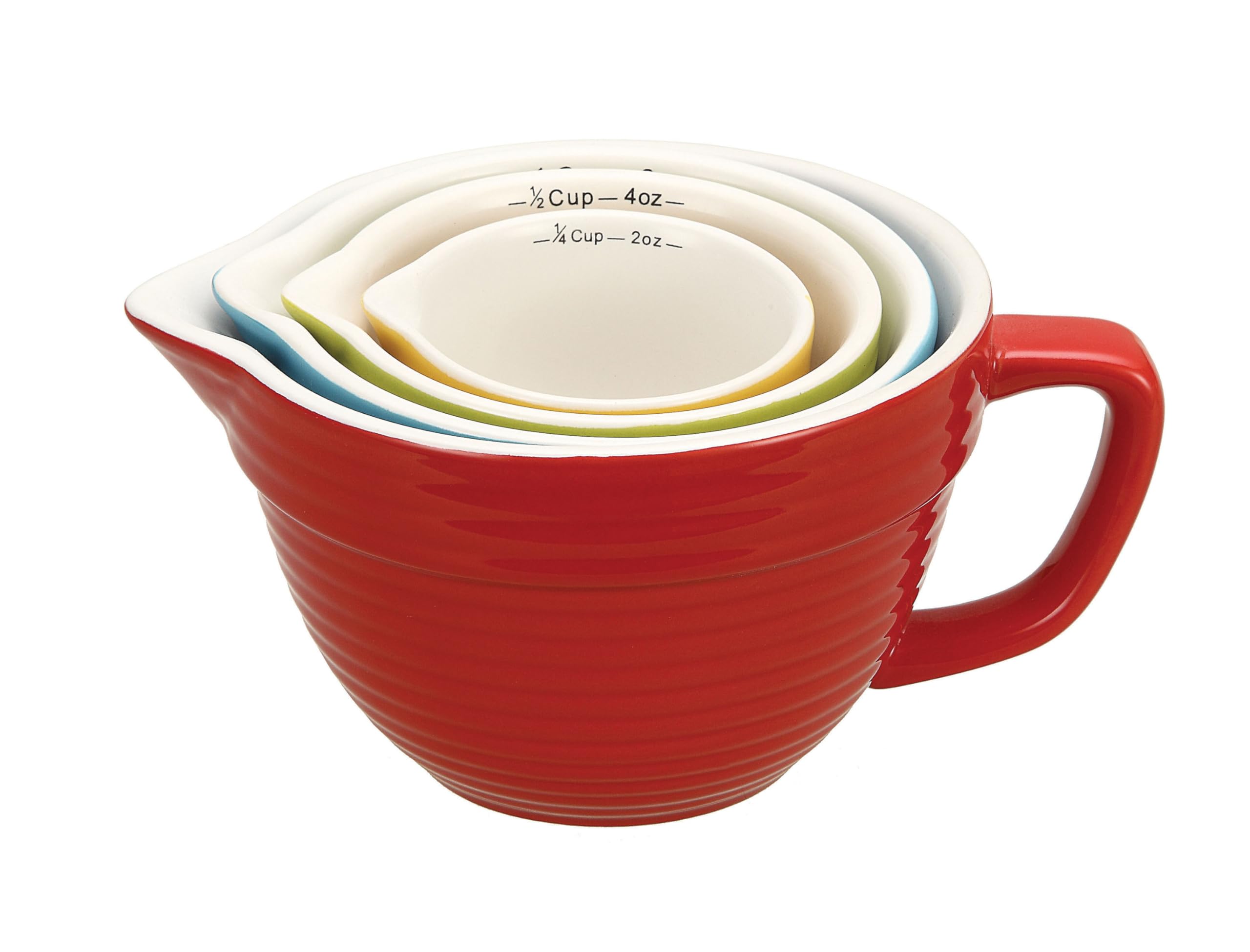 Creative Co-Op front view of colorful ribbed stoneware measuring cups showing sizes and colors for easy selection