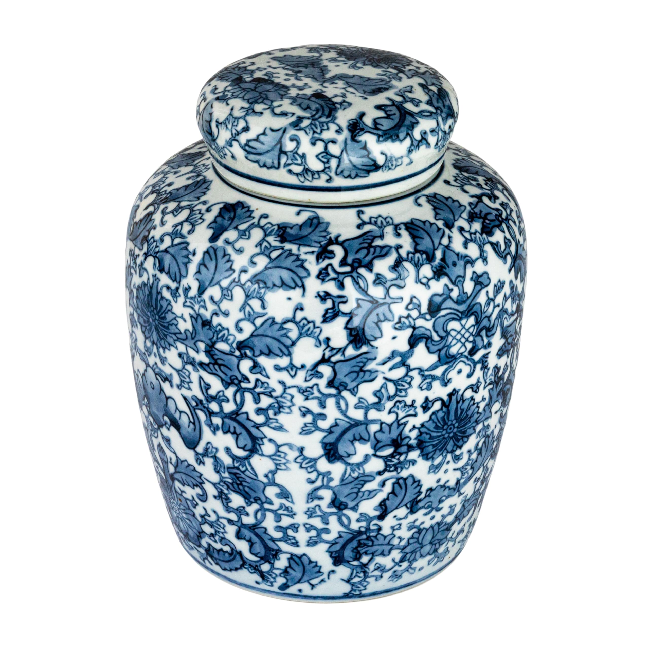 Creative Co-Op front view of blue and white ginger jar showcasing classic silhouette and charm