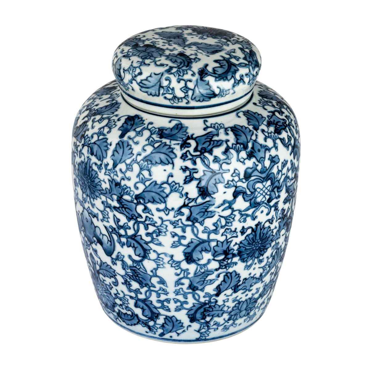 Creative Co-Op front view of blue and white ginger jar showcasing classic silhouette and charm