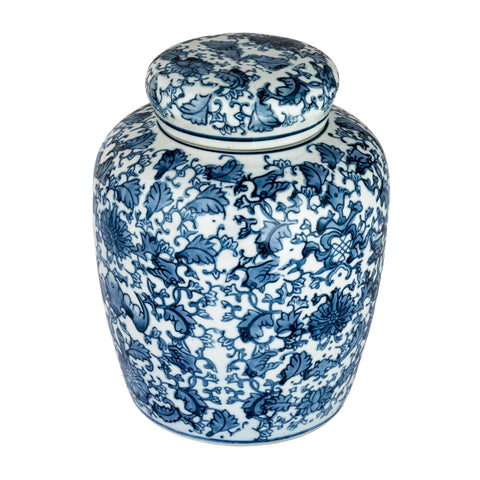 Creative Co-Op front view of blue and white ginger jar showcasing classic silhouette and charm