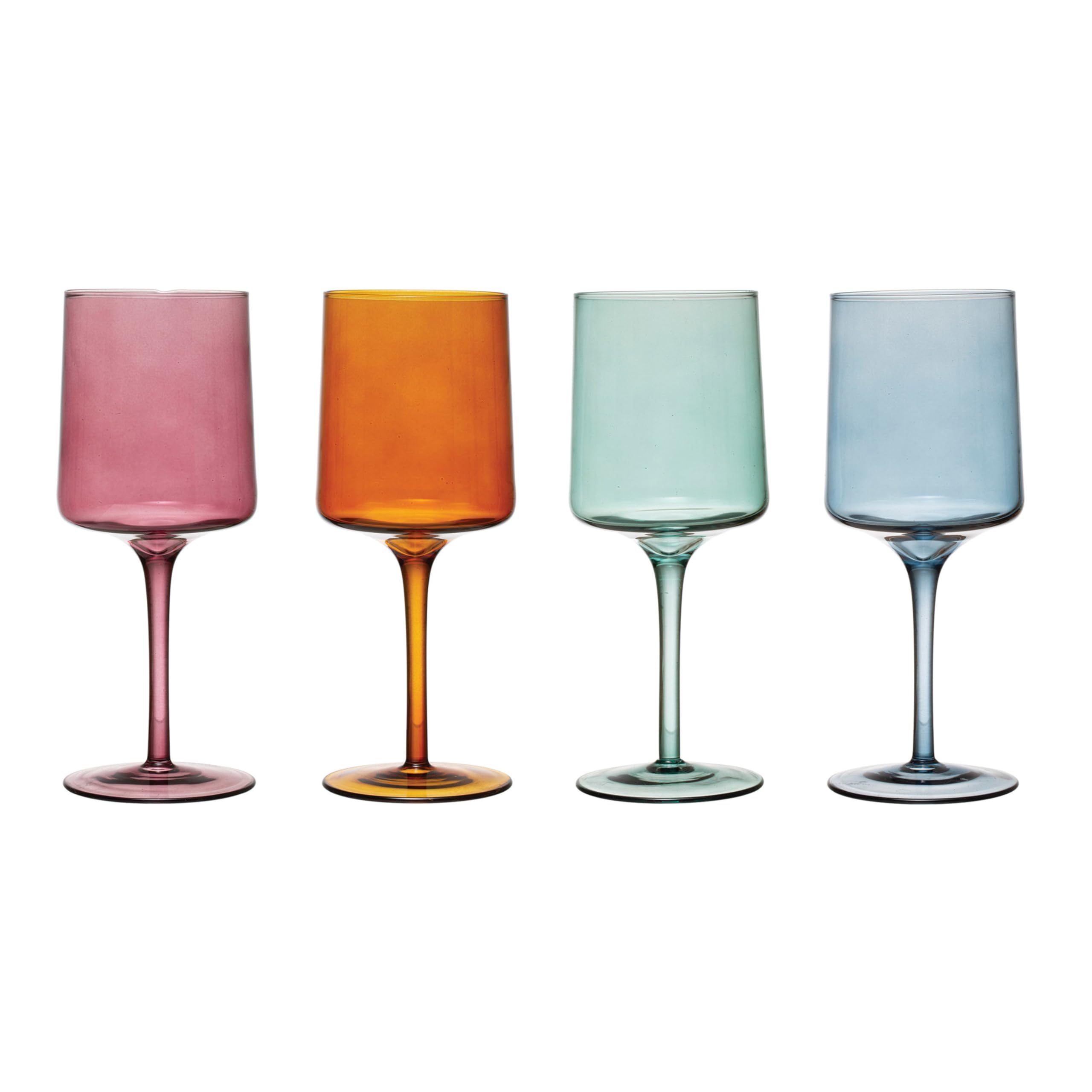 Creative Co-Op front view of four colored stemmed wine glasses showing elegant presentation