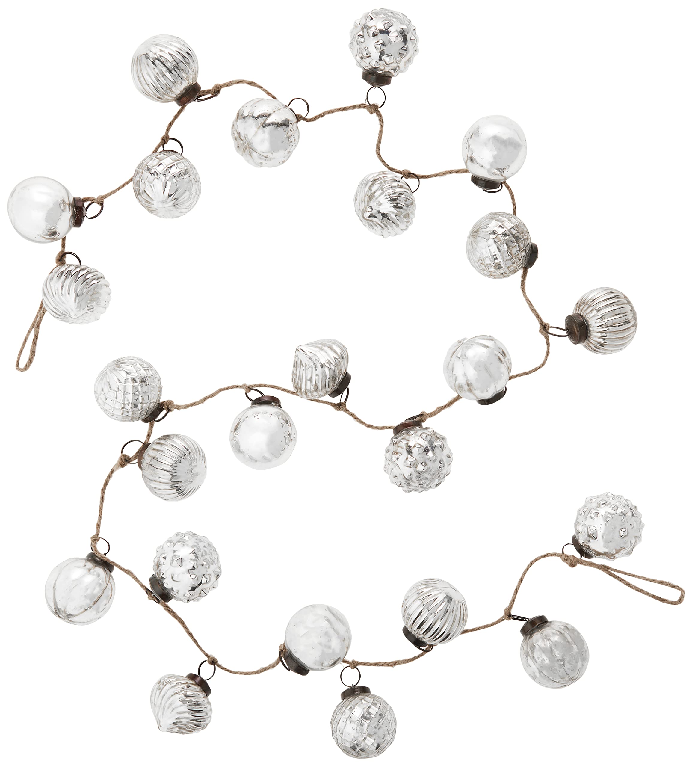 Creative Co-Op garland front view showing embossed ornaments and rope, enhances mantel styling