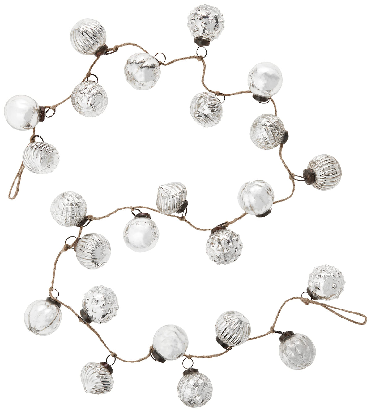Creative Co-Op garland front view showing embossed ornaments and rope, enhances mantel styling