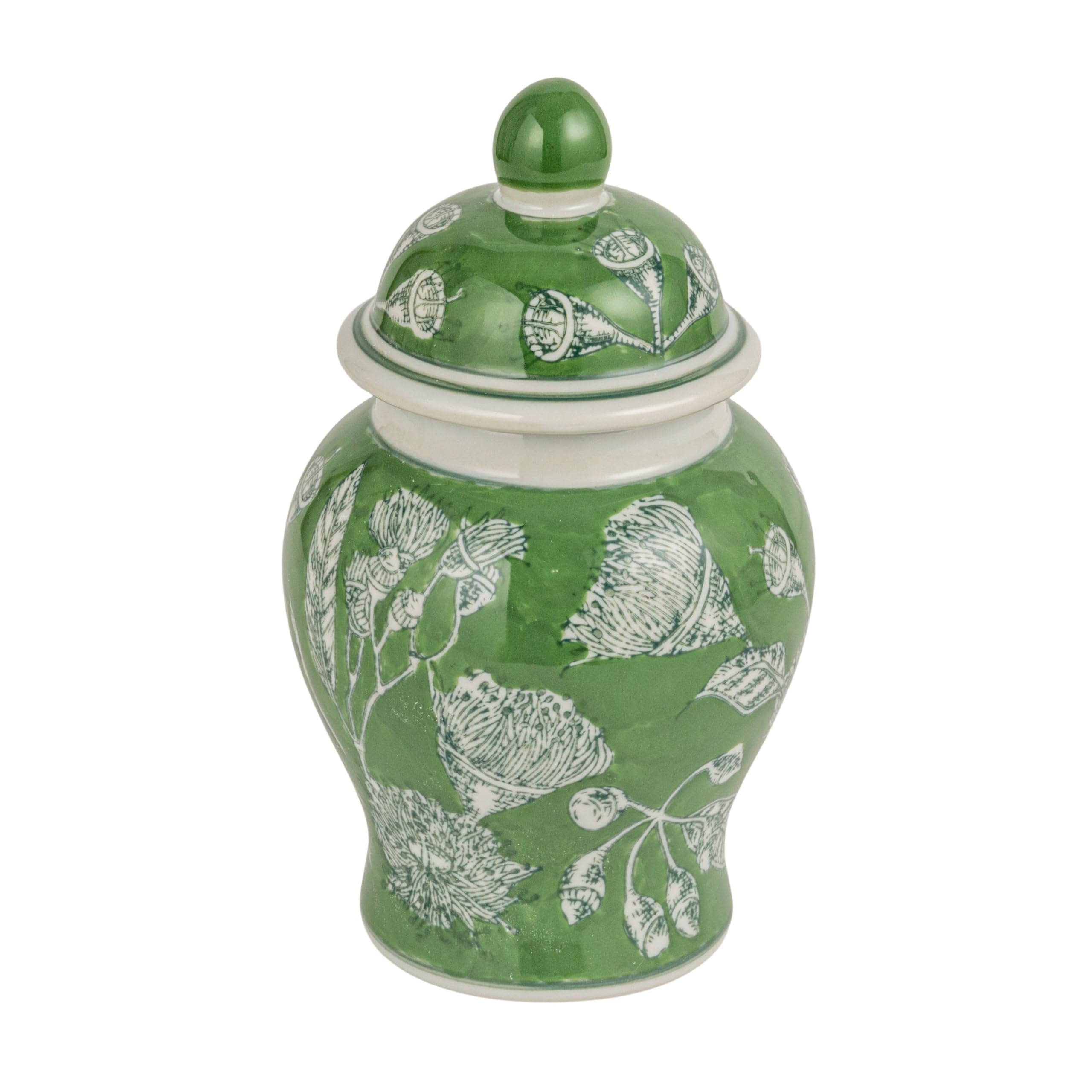 Creative Co-Op front view of green and white ginger jar showing shape and shine