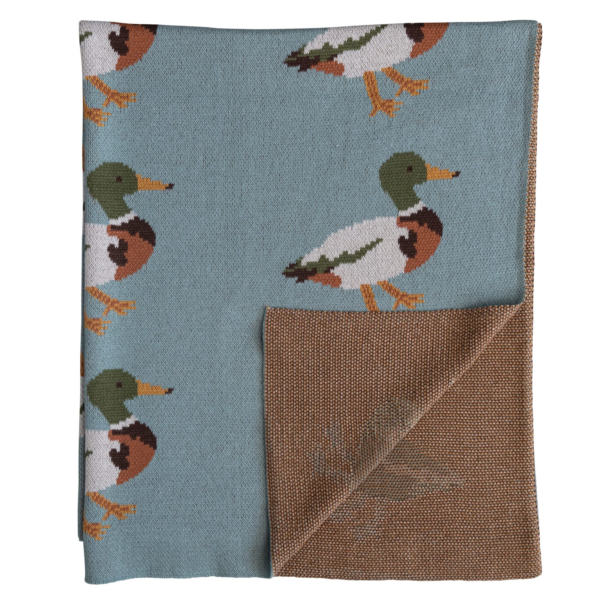 Creative Co-Op blanket beside stuffed toy illustrating 40 by 32 inch size for portability