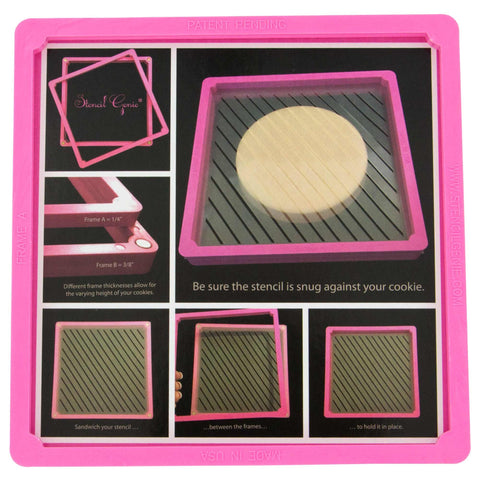 Creative Cookier Stencil Genie beside a 3" cookie for size comparison and consistent results benefit