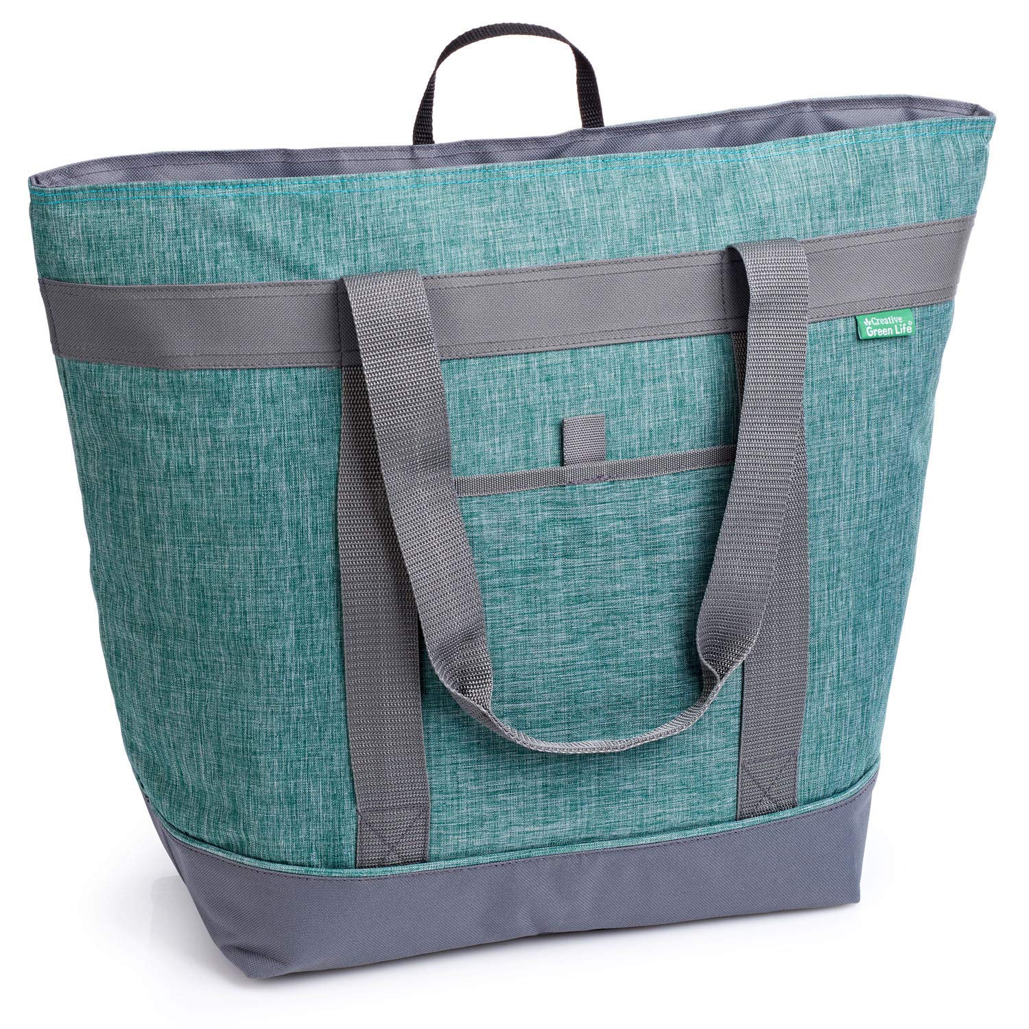 Creative Green Life front view of jumbo cooler bag showing zipper and capacity benefit