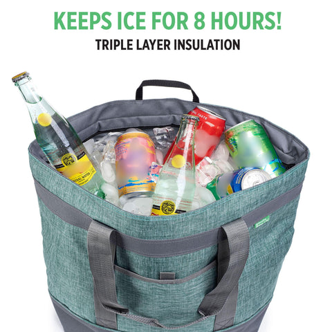 Creative Green Life cooler filled with cans demonstrating 30-can capacity and cold storage
