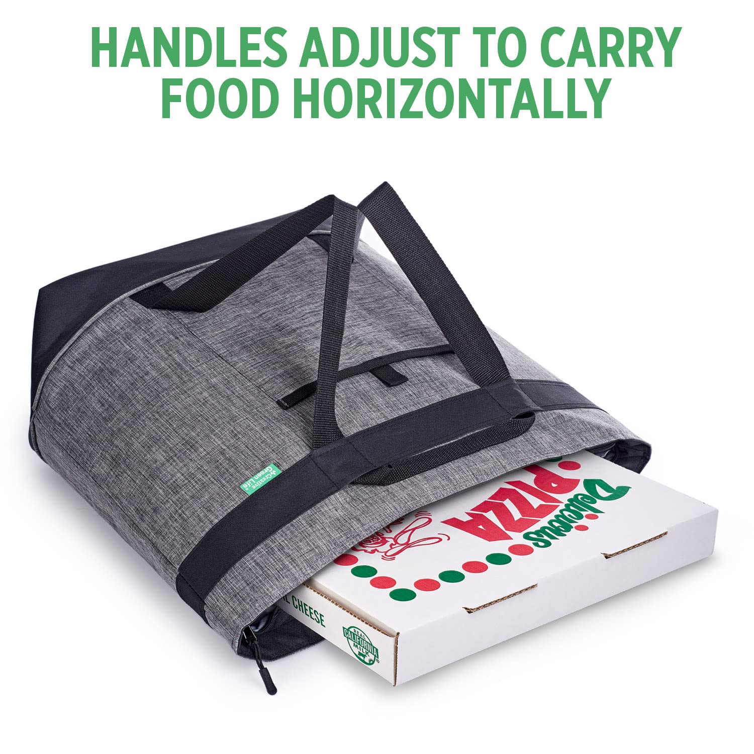 Creative Green Life cooler bag next to stacked cans showing 30-can capacity