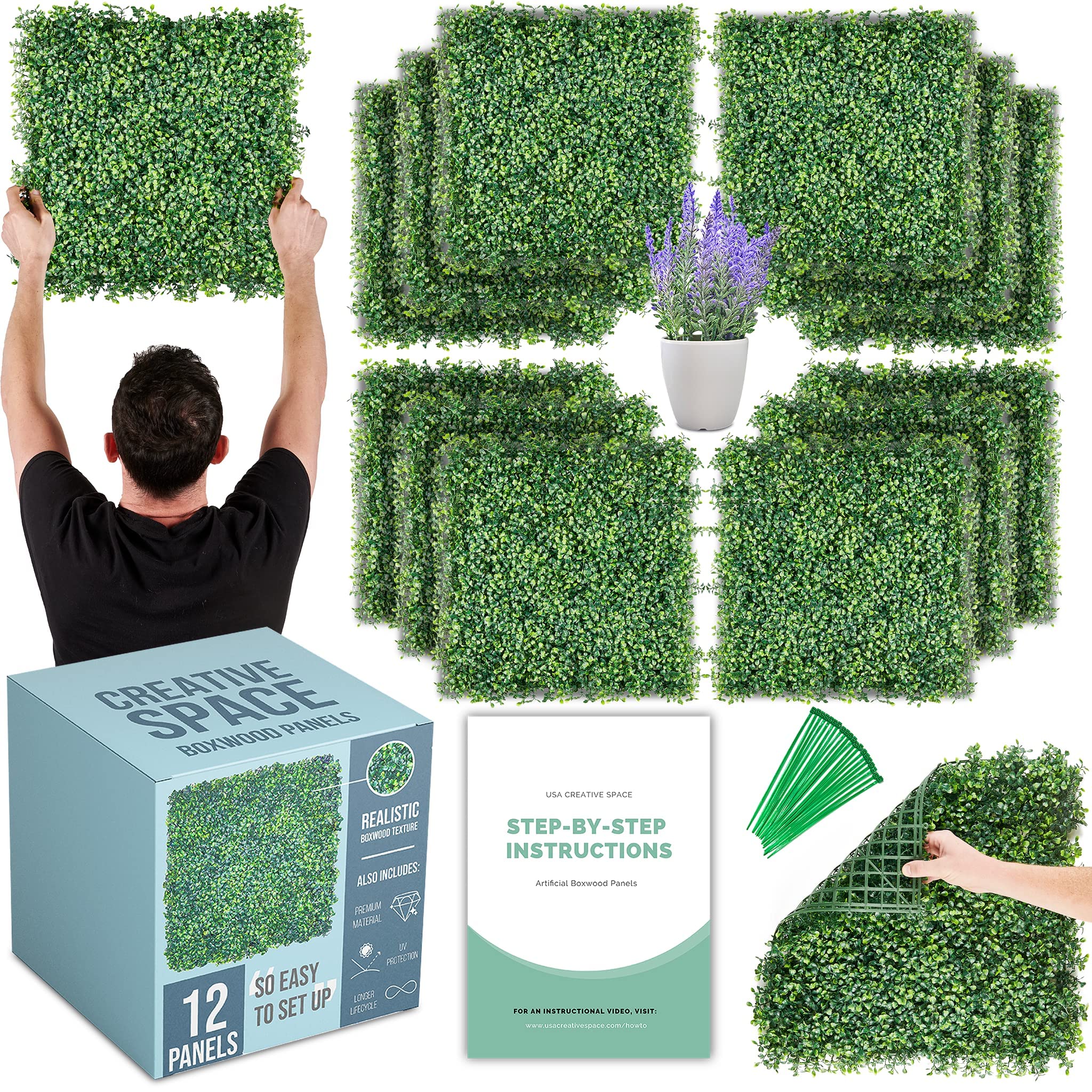 CREATIVE SPACE front packaging showing 12 boxwood panels, ready to install and save time