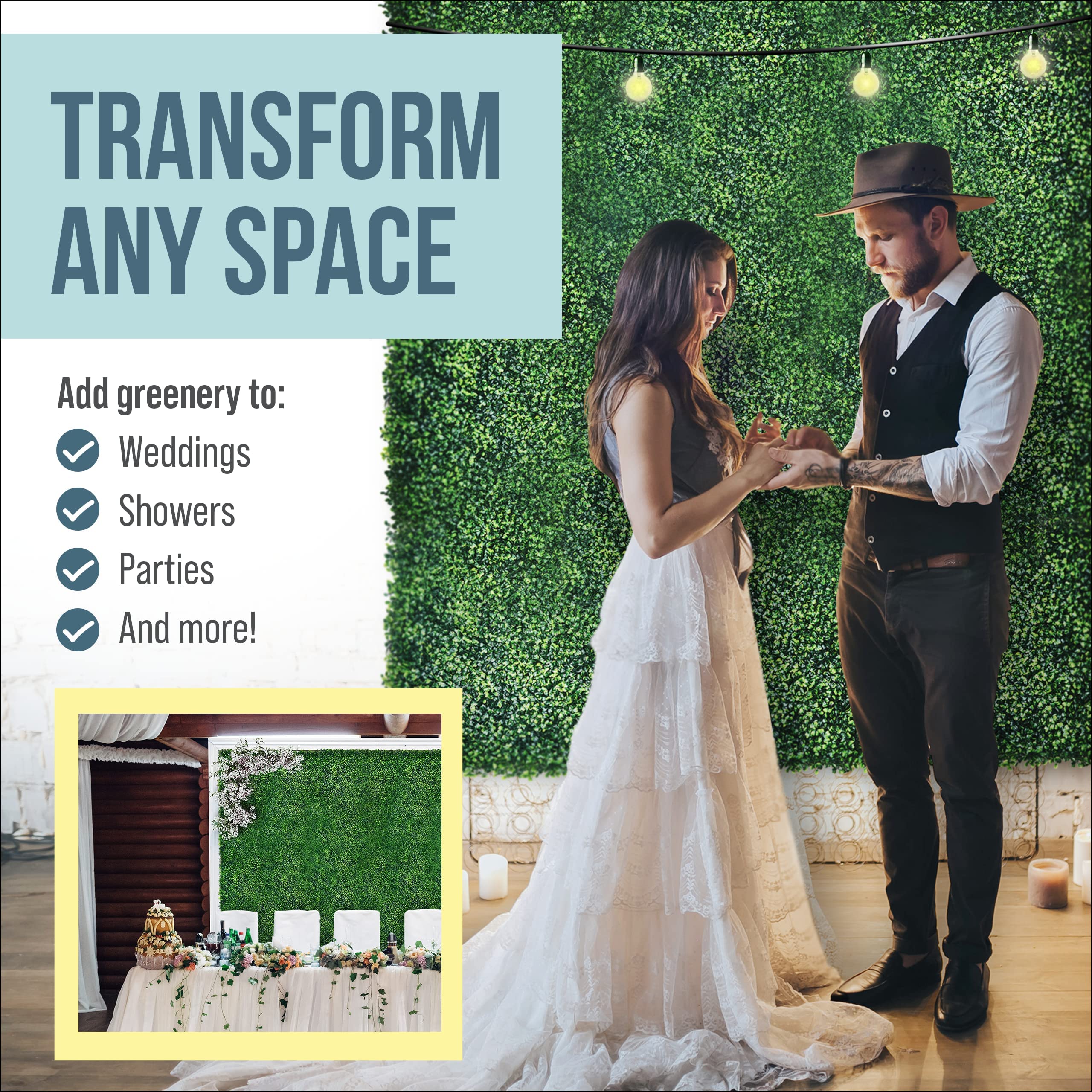 CREATIVE SPACE wedding backdrop installed, creating a photo-ready lush green setting