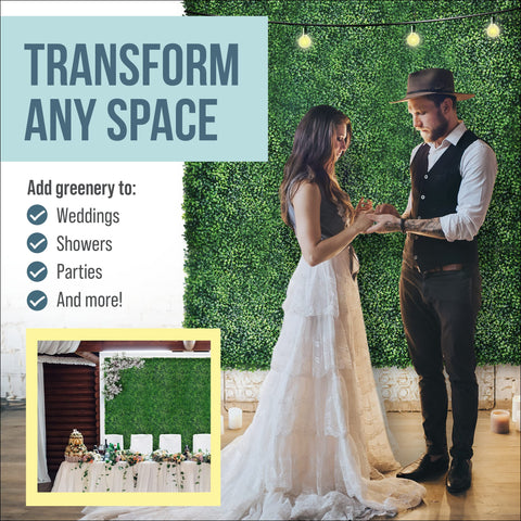 CREATIVE SPACE wedding backdrop installed, creating a photo-ready lush green setting