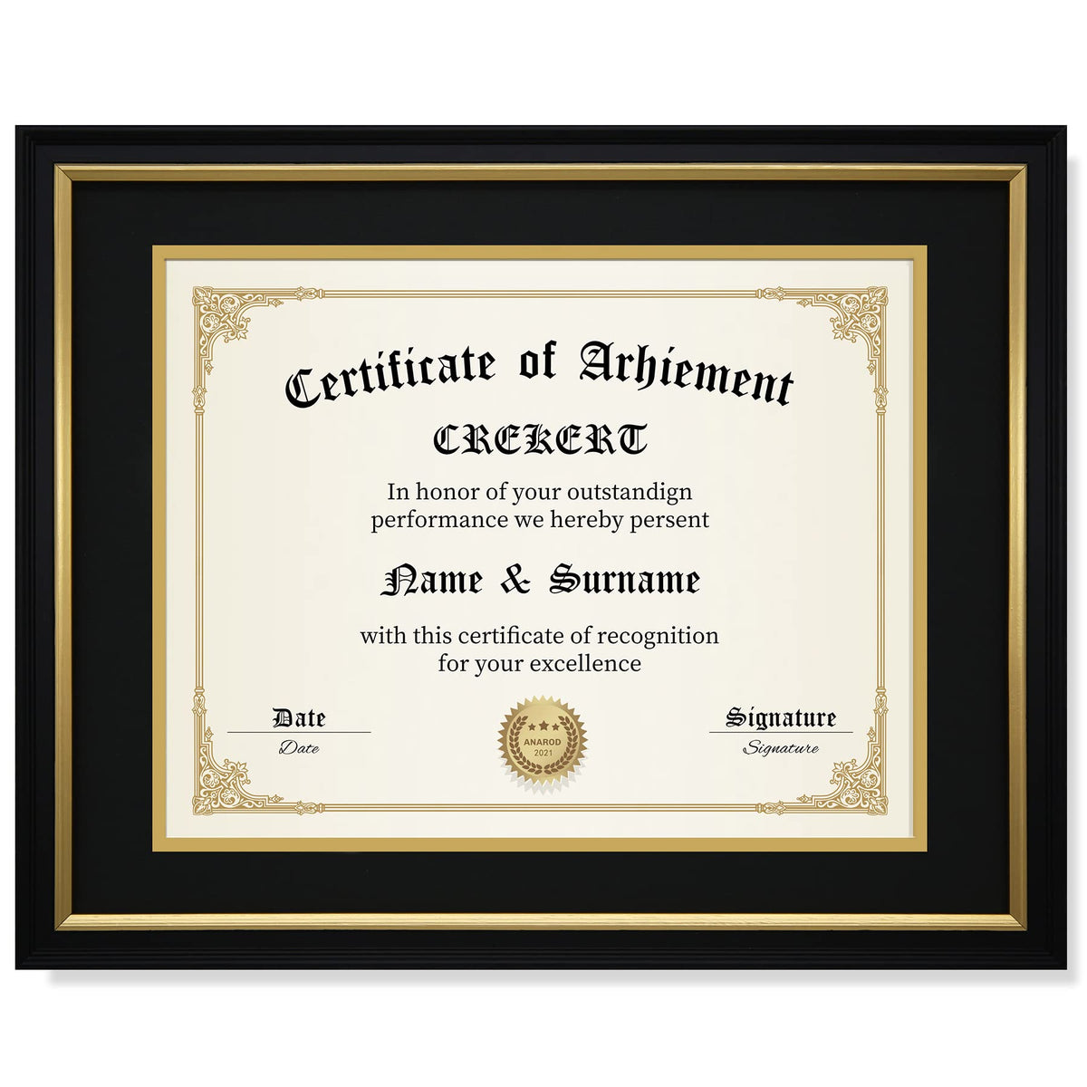 CREKERT front view of diploma frame showing black and gold mat, enhances presentation