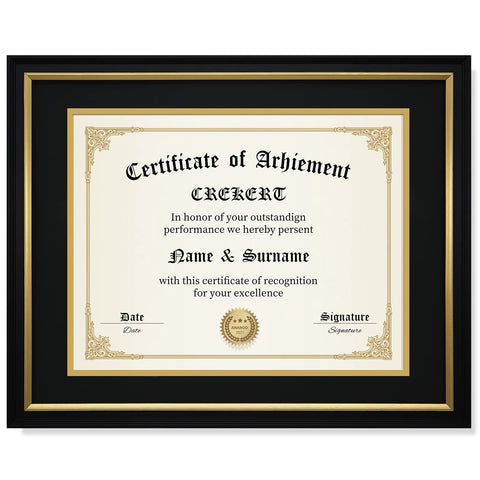 CREKERT front view of diploma frame showing black and gold mat, enhances presentation