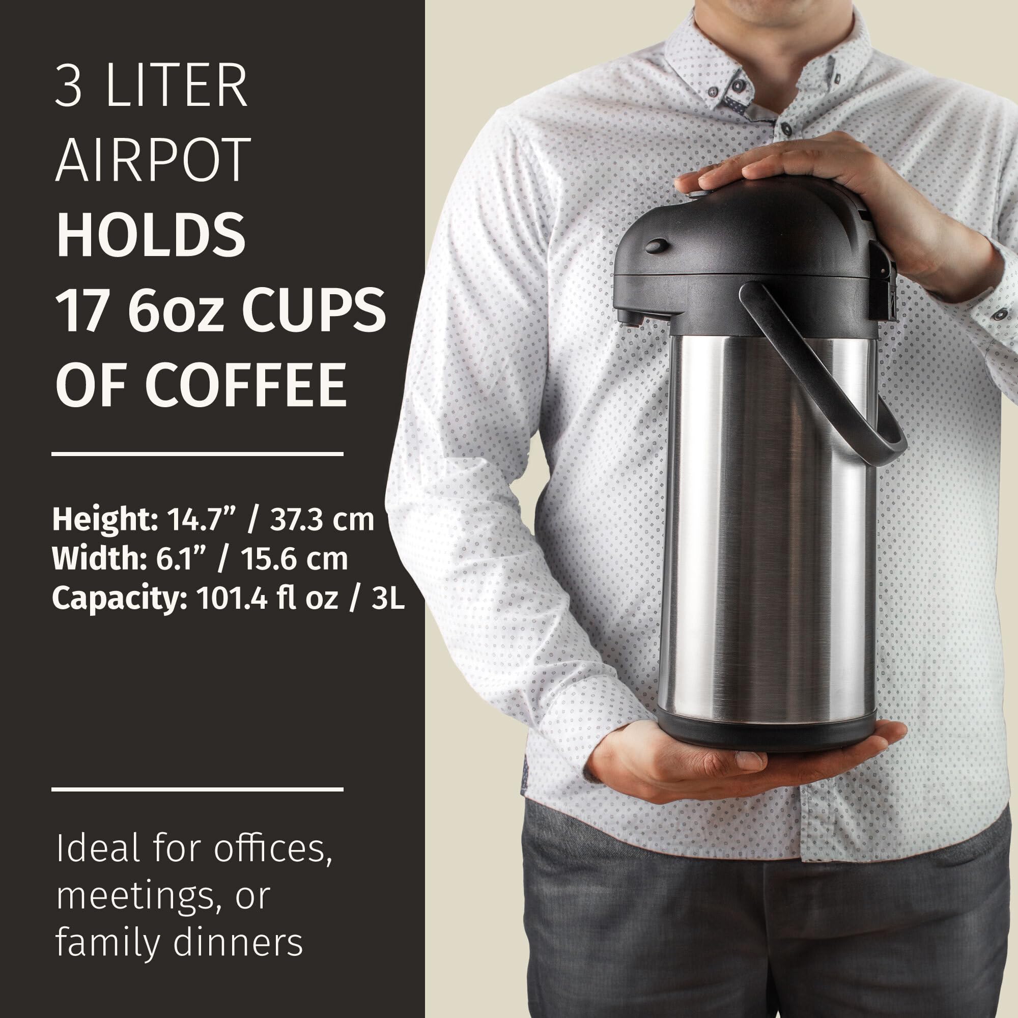 CRESIMO airpot pump action pouring coffee with spill-minimizing benefit