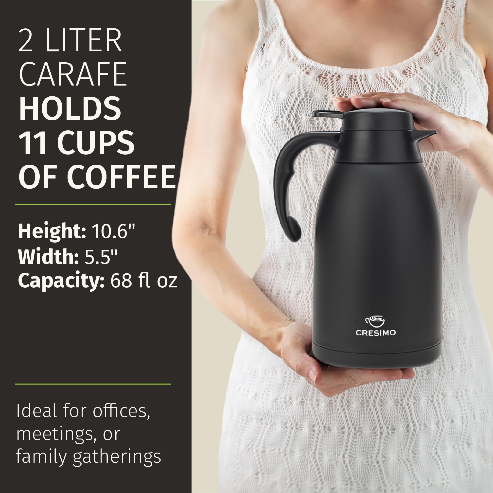 CRESIMO size comparison beside mug showing 2L capacity for group servings benefit
