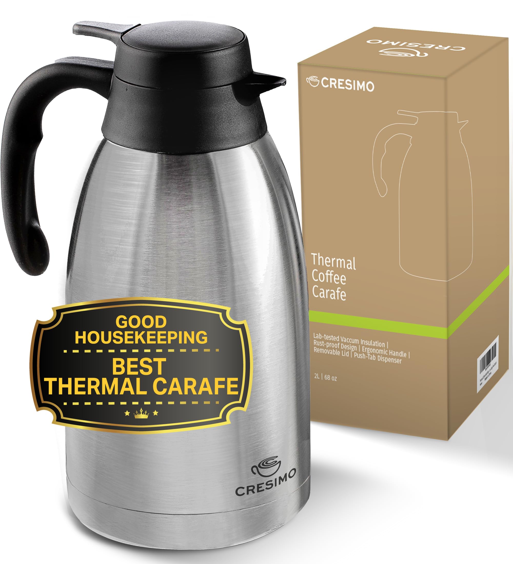 CRESIMO carafe front view showing sleek stainless steel and large capacity benefit
