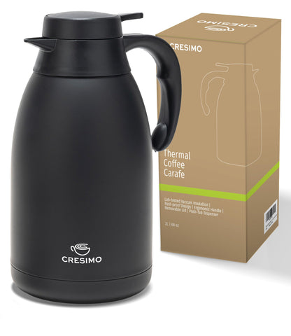 CRESIMO carafe front view showing sleek black finish and travel-ready benefit