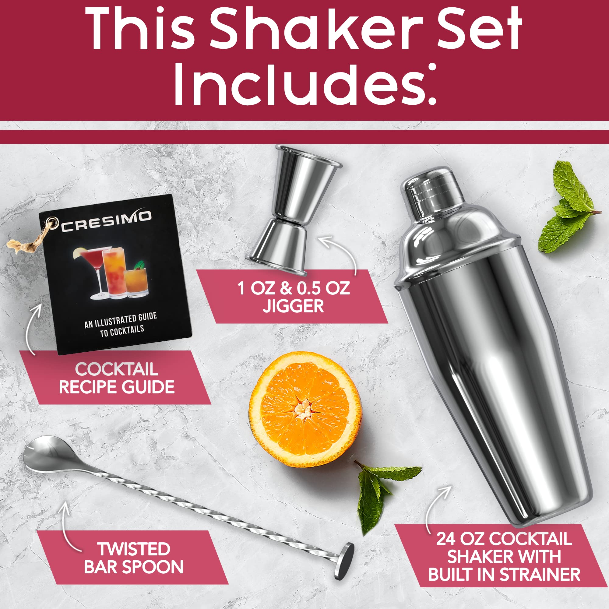 CRESIMO jigger, muddler, and spoon arranged to show included bar accessories for versatility