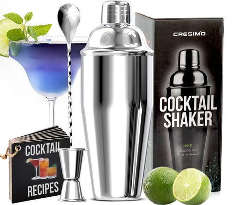 CRESIMO shaker front view showing polished finish and ergonomic shape for easy grip