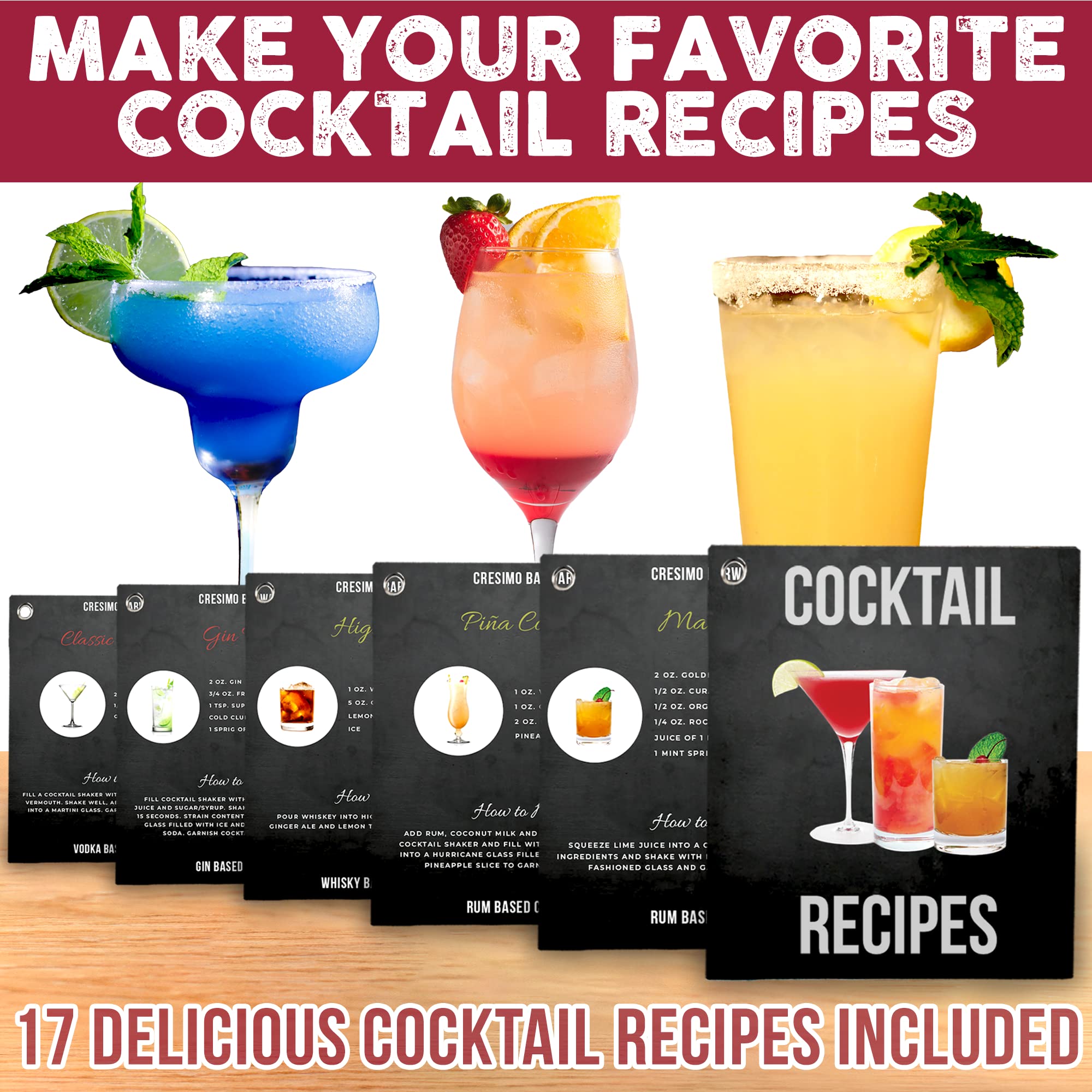 CRESIMO size comparison next to glass illustrating 24oz capacity for single-serve cocktails