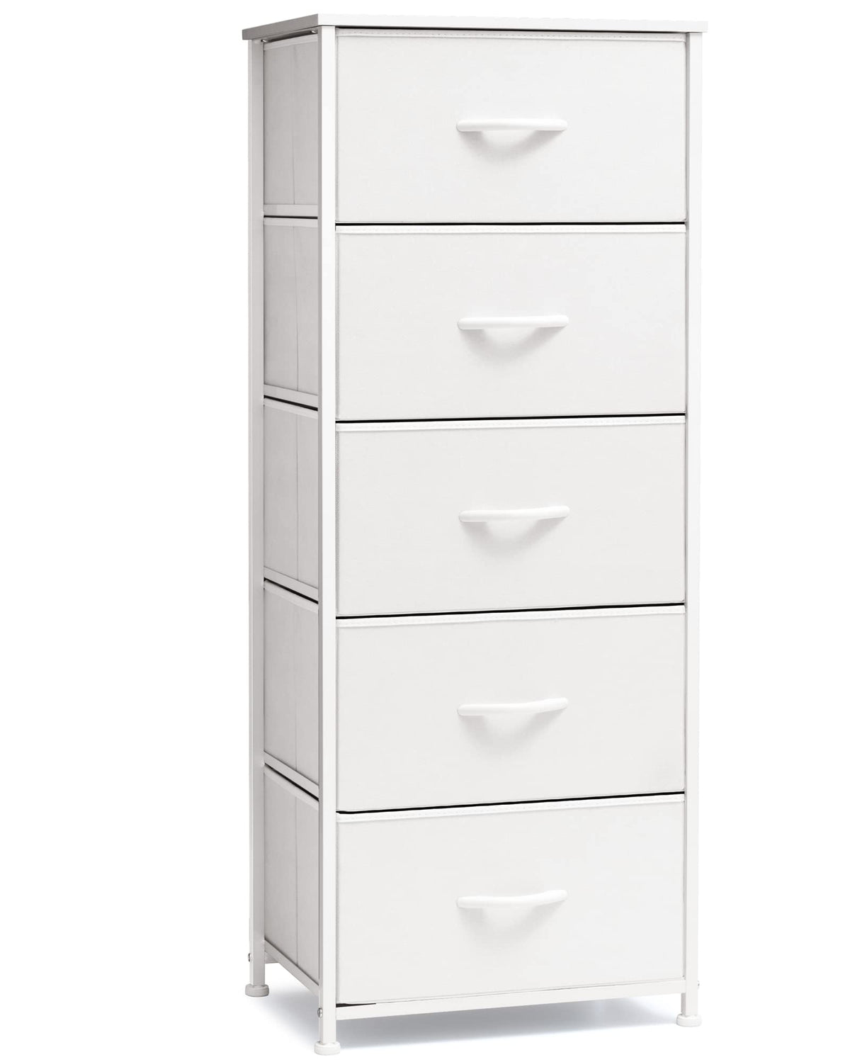 Crestlive front view of white tall dresser showing five drawers and tidy storage benefit