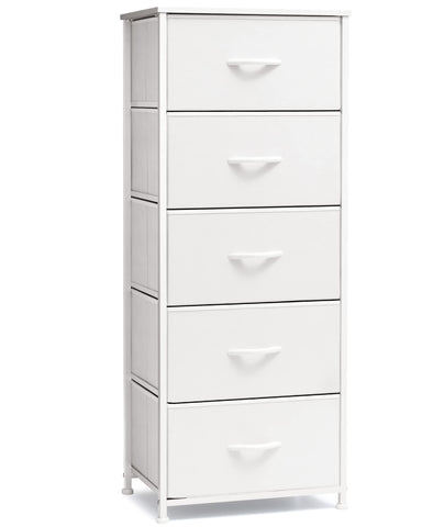 Crestlive front view of white tall dresser showing five drawers and tidy storage benefit