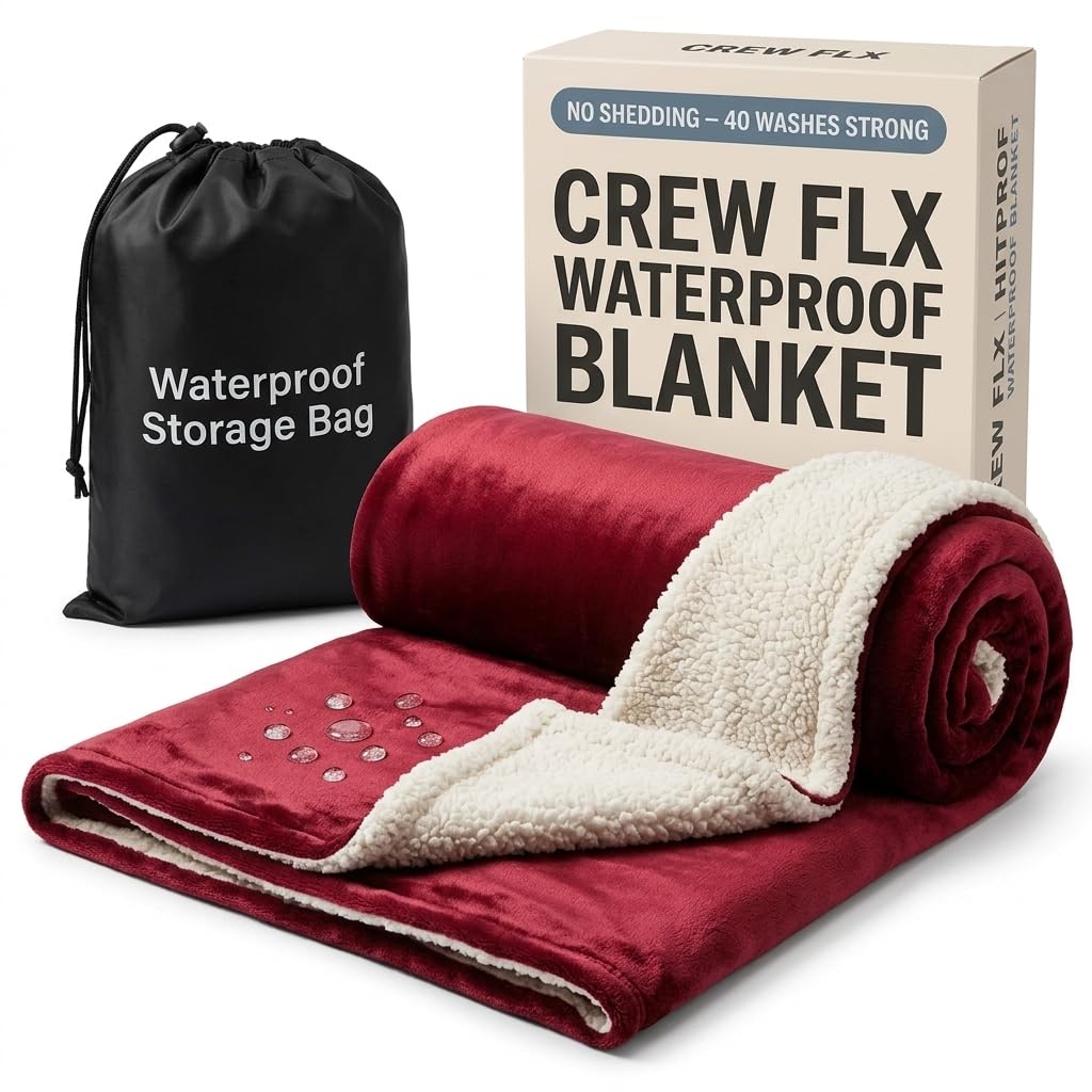 CREW FLX front view of burgundy blanket showing neat packaging and color benefit
