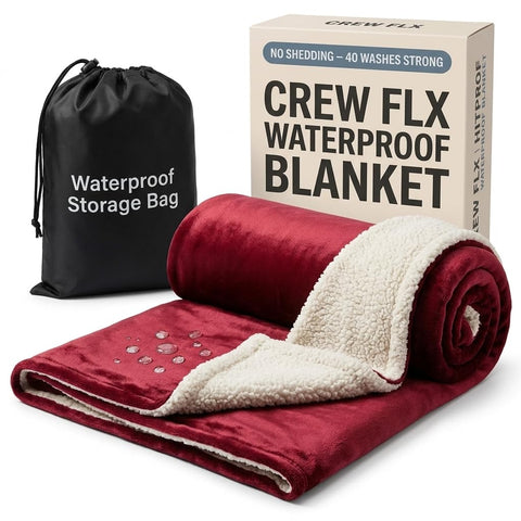 CREW FLX front view of burgundy blanket showing neat packaging and color benefit