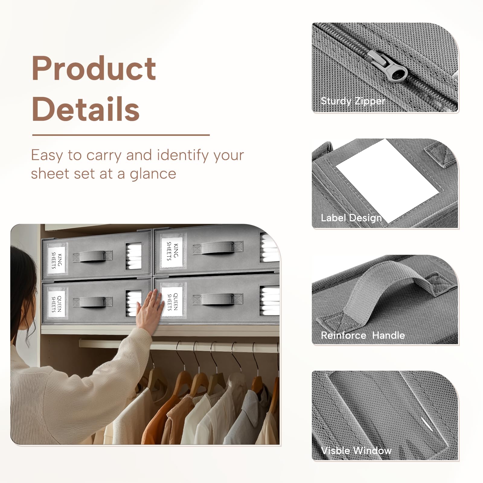 Criusia open box with folded sheet set showing neat storage benefit