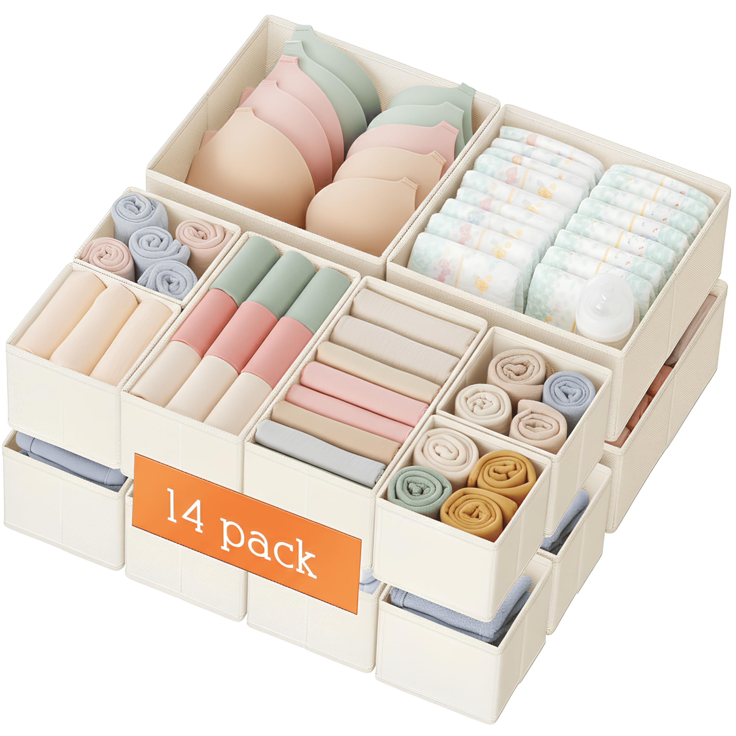 Criusia front pack in beige showing complete 14-piece set and tidy storage benefit