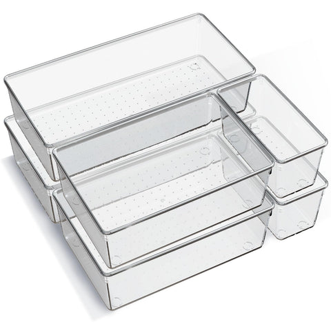 Criusia front packaging showing six clear organizer trays and accessories for visibility