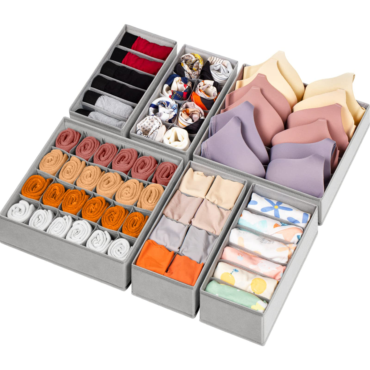 Criusia front view of six grey organizers shows neat storage benefit