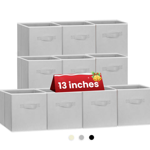Criusia front view of the ten grey cube storage bins showing tidy arrangement and versatility